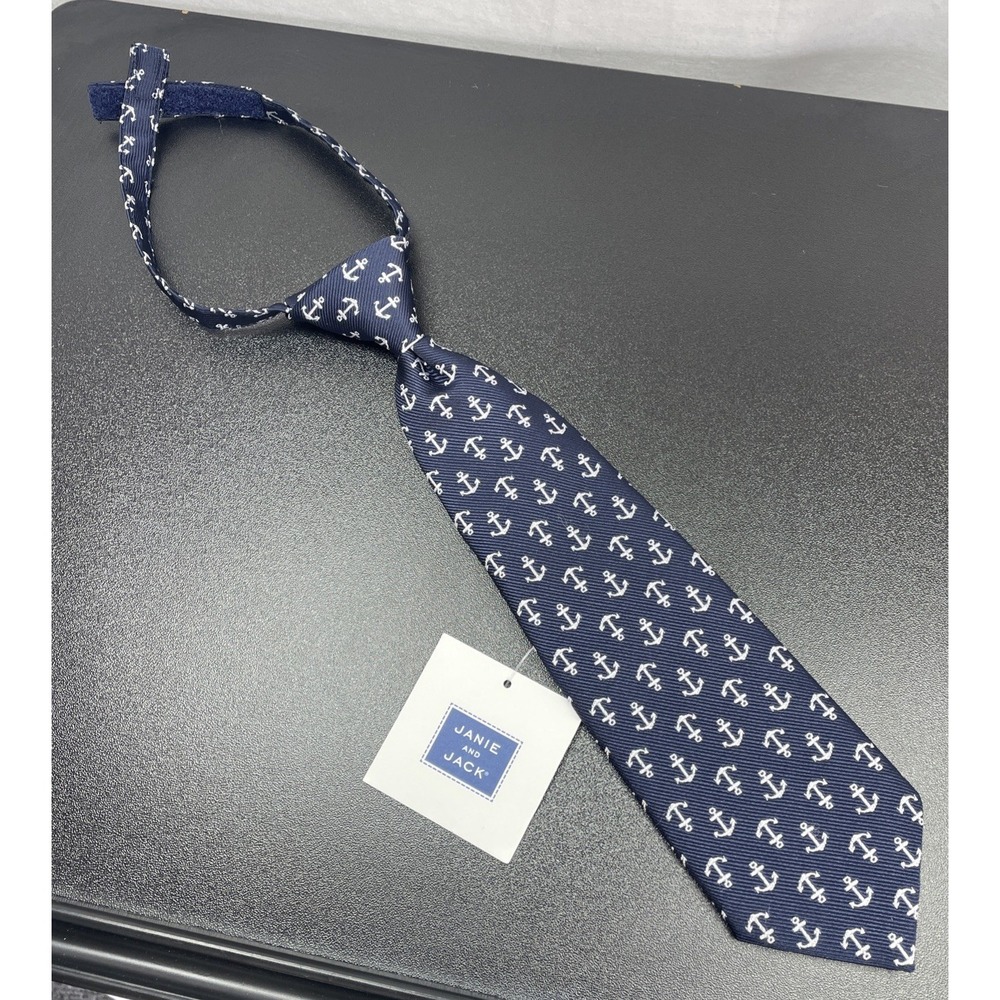 Janie & Jack Tie Boys Size 0-24 Months Blue w/ white Anchors Adjustable Nautical
